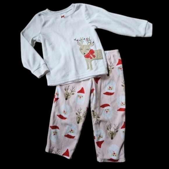 CARTER’S Pink and White Santa and Reindeer Fleece Pajamas Girls Size 3T * - Picture 1 of 3